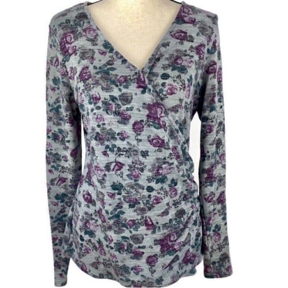 Rock & Republic Surplice Floral Knit Top in Grey/Purple/Green Women’s M